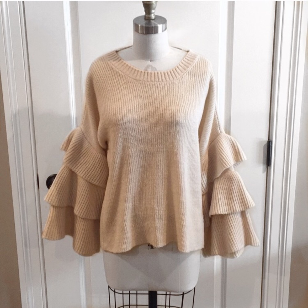 Cream Sweater w/ Ruffle Sleeves Francesca’s